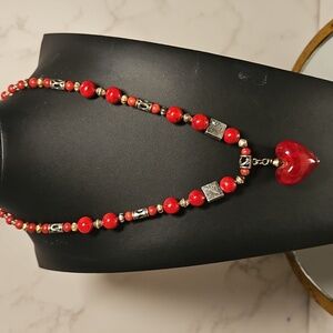Handcrafted Red Glass Heart Pendant Necklace 18"